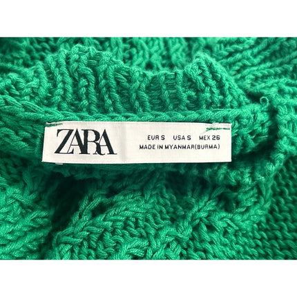 Zara Women's Green Crochet Cable Knit Short Sleeve Crop Sweater Top Size S