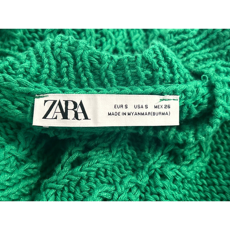 Zara Women's Green Crochet Cable Knit Short Sleeve Crop Sweater Top Size S