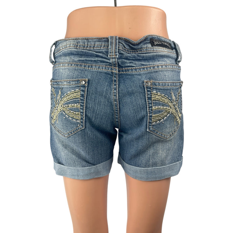 Red Rivet Blue Embroidered Distressed Cuffed Low Rise Mom Denim Jeans Shorts S