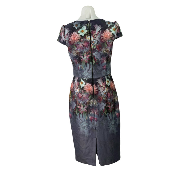 Betsey Johnson Multicolor Floral Short Sleeve Back Slit Mini Sheath Dress Size 6