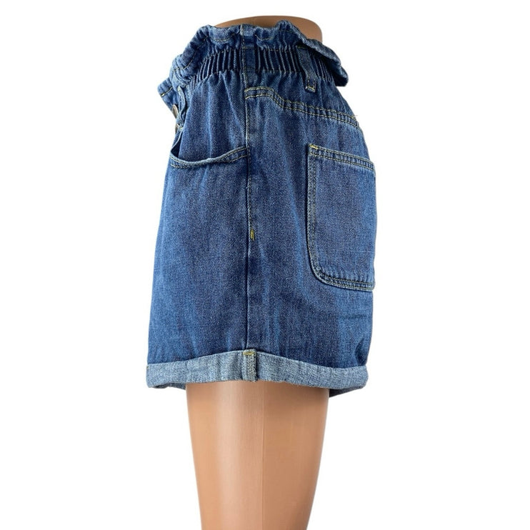 Plaid & Plain Women's Blue High Rise Paperbag Cuffed Denim Jean Shorts Size M