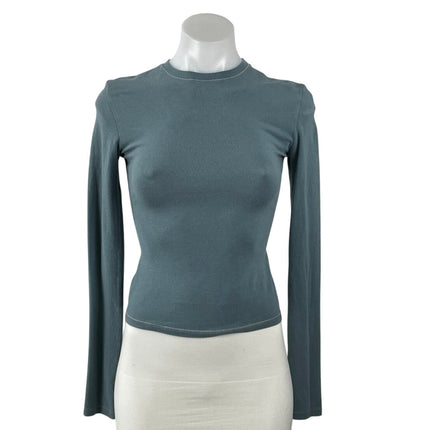 Skims Blue Long Sleeve Slim Mock Neck Knit Stretch T Shirt Tee Top Size XS