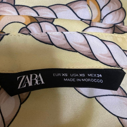 Zara Women's Yellow Silky Satin Rope Print Long Sleeve Button Down Shirt Size XS