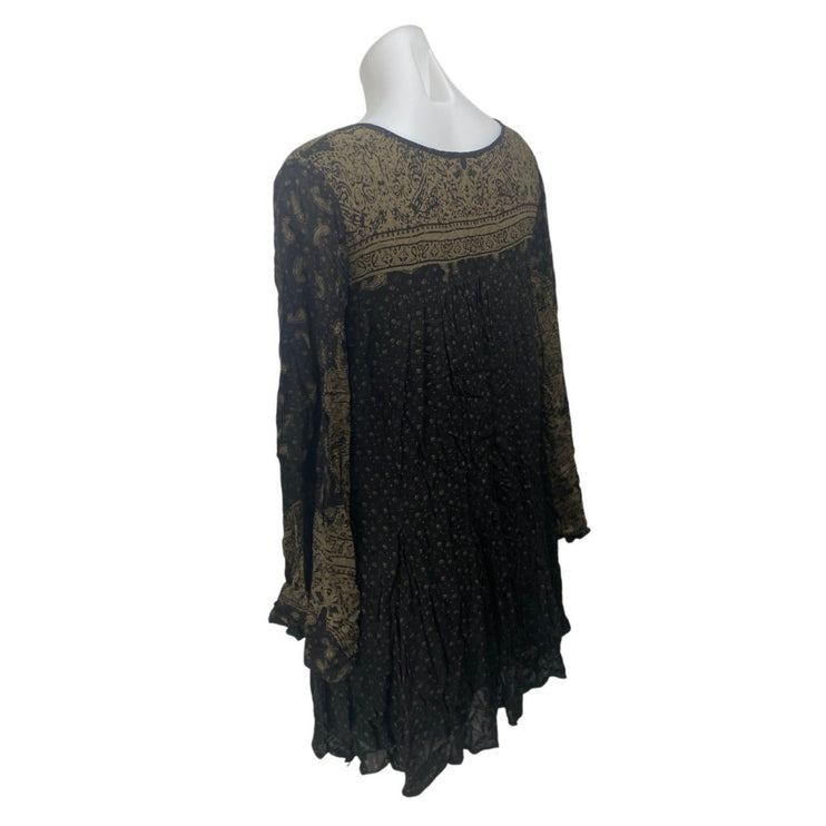 Free People Black Beige Floral Long Bell Sleeve V Neck Mini Tunic Dress Size XS