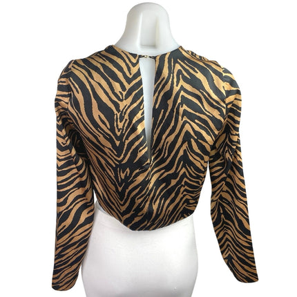 Zara Black Brown Satin Zebra Animal Print Long Sleeve Blouse Crop Top Size XS