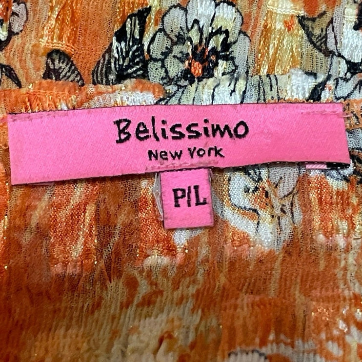 Belissimo Women's Coral Floral Short Sleeve Smocked Stretch Blouse Top Size LP