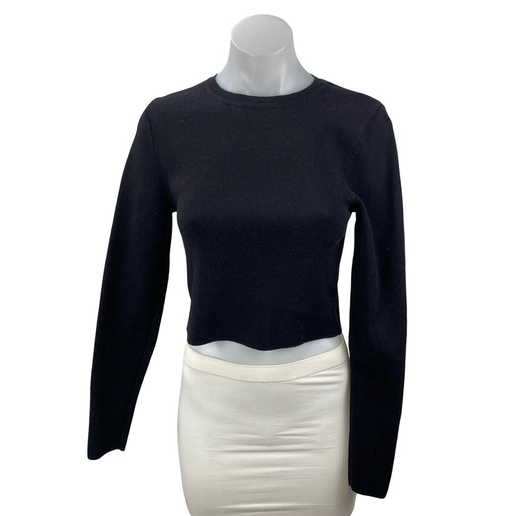 Zara Women's Black Long Sleeve Ribbed Knit Crew Neck Cropped Sweater Top Size L