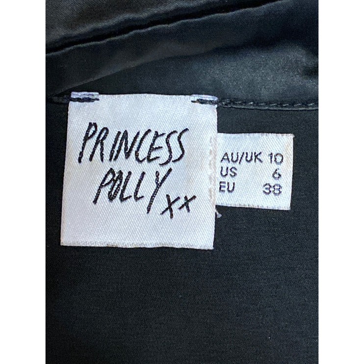 Princess Polly Black Satin Ruched Button Doen Long Sleeve Mini Shirt Dress Sz 6