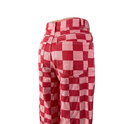 Zara Women's Pink Red Gingham Check High Rise Wide Leg Trousers Pants Size 2
