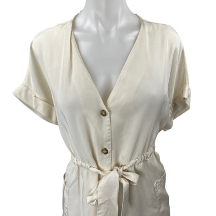 Zara White Short Sleeve V-Neck Button Down Belted Tie Waist Mini Shirt Dress XS