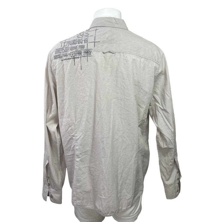 DKNY Jeans Men's Gray Long Sleeve Graphic Cotton Button Down Shirt Top Size XXL