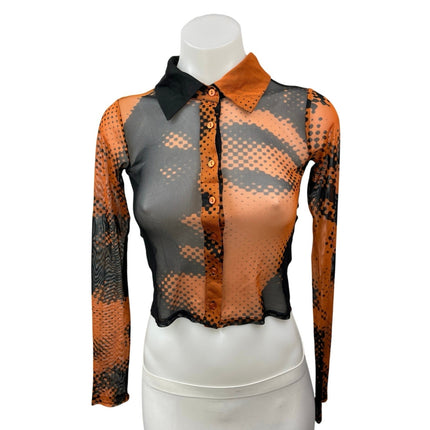 Urban Outfitters Orange Black Poster Print Mesh Button Crop Shirt Blouse Top XS