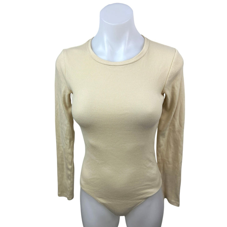 Abercrombie & Fitch Cream Ribbed Knit Crew Neck Long Sleeve Bodysuit Top Size XS