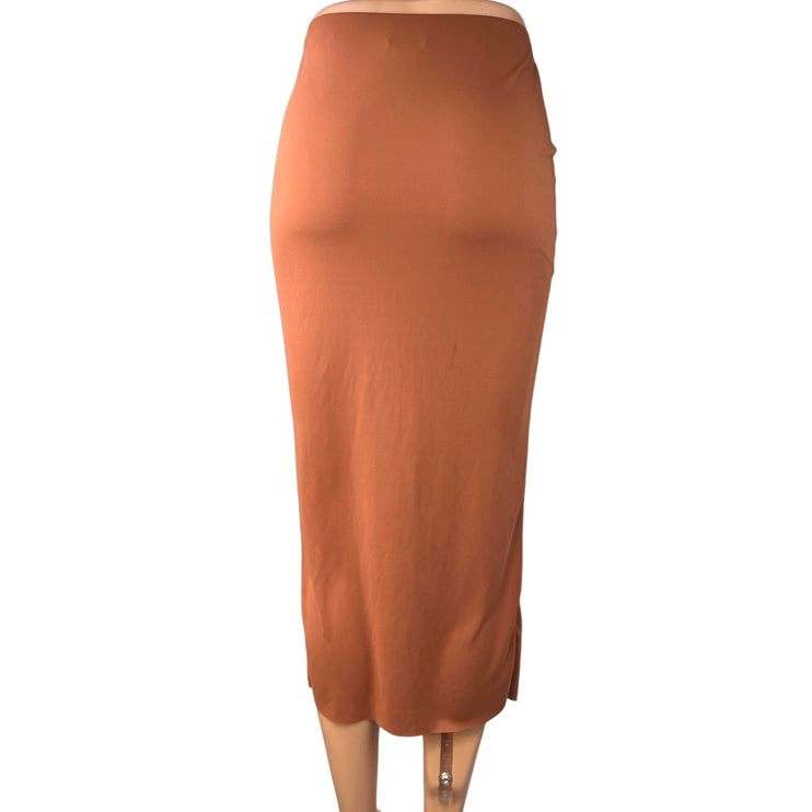 H&M Gusset Panel Brown Ruched Ruffle Draped Jersey Midi Straight Pencil Skirt XS