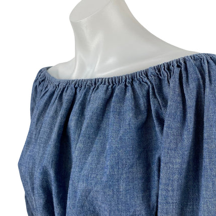 Theory Waleska Chambray Ruched Long Puff Sleeve Off Shoulder Crop Blouse Top S