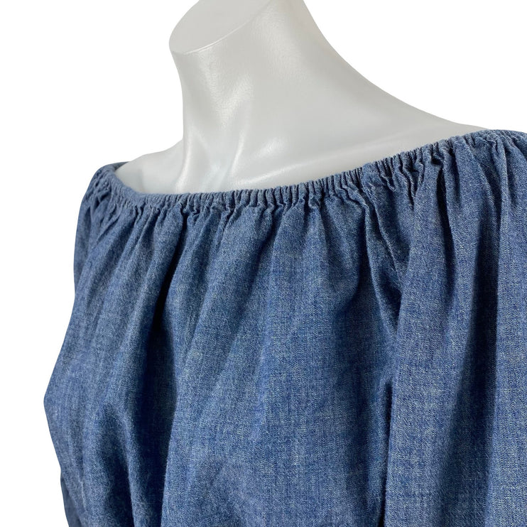 Theory Waleska Chambray Ruched Long Puff Sleeve Off Shoulder Crop Blouse Top S
