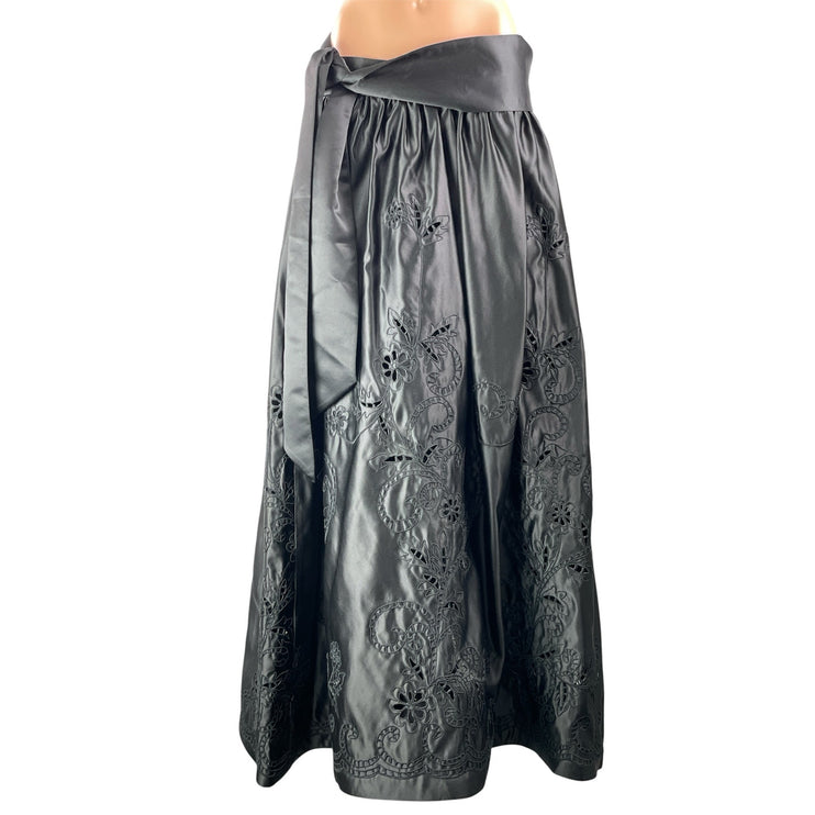 Chetta B Evening Women's Gray Silver Satin Floral Embroidered Tie Maxi Skirt 14