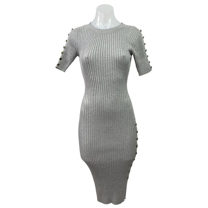 Say What? Gray Rib Knit Crew Neck Gold Button Short Sleeve Midi Bodycon Dress L