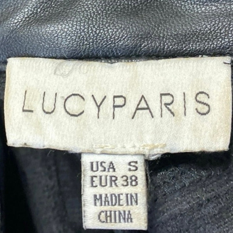 Lucy Paris Black Faux Leather Vegan Long Sleeve Tie Waist Button Up Crop Top S