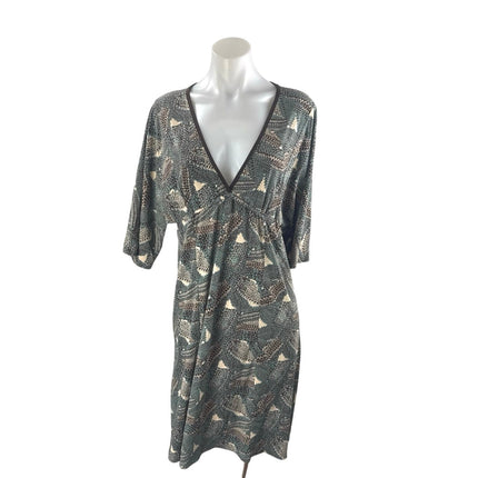Max Studio Women's Geometric V Neck 3/4 Sleeve Midi Flared Kaftan A-Line Dress L