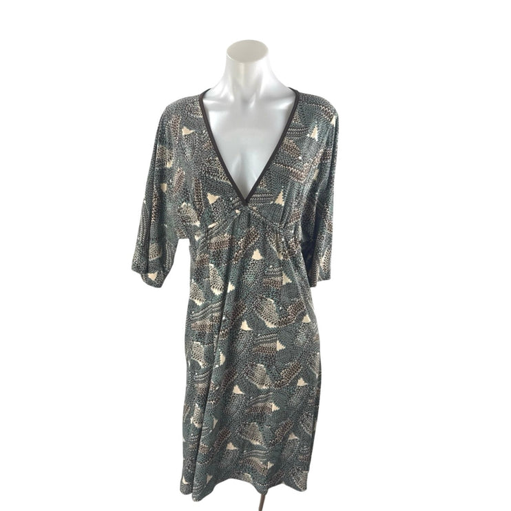 Max Studio Women's Geometric V Neck 3/4 Sleeve Midi Flared Kaftan A-Line Dress L