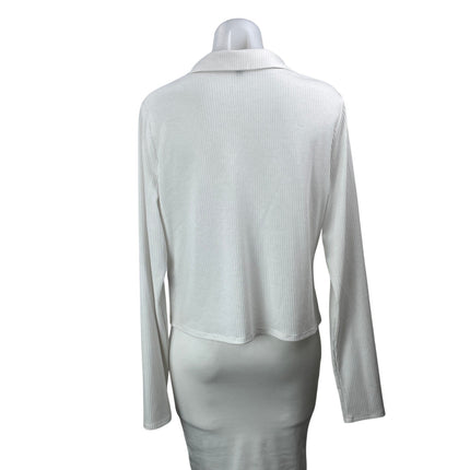 AFRM Women's White Ribbed Knit Collared Long Sleeve Button Shirt Top Size XL