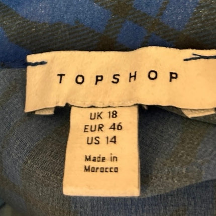 Topshop Blue Checkered Floral Fluted Seamed Asymmetric High Neck Midi Dress 14