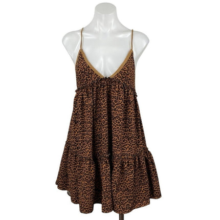 Vestique Brown Leopard Animal Print Sleeveless Tiered Swing A Line Mini Dress S