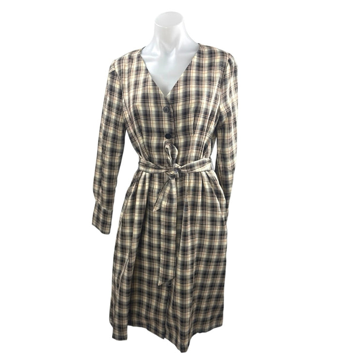 Gracia Plaid Check Long Sleeve Belted Button Up Midi Flare A-Line Shirt Dress S
