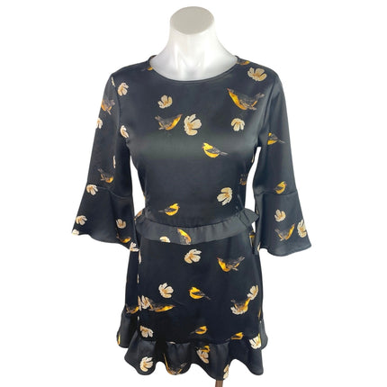Zara Black Satin Floral Birds Print 3/4 Bell Sleeve Ruffle Mini A-Line Dress XS