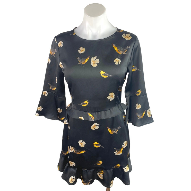 Zara Black Satin Floral Birds Print 3/4 Bell Sleeve Ruffle Mini A-Line Dress XS