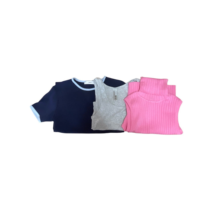 Bundle of 3 Mango Zara Skims Blue Pink Gray Knit Cropped T Shirt Tee Top Size S