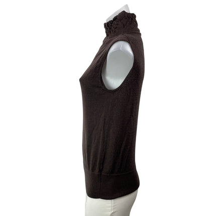 REISS 100% Wool Brown Sleeveless Knit Crinkled Mock Neck Sweater Vest Top Size S