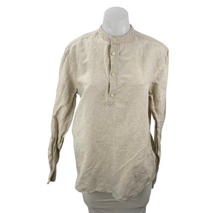 Zara Women's Beige Linen Mock Neck Button Front Long Sleeve Shirt Top Size M