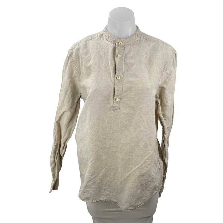 Zara Women's Beige Linen Mock Neck Button Front Long Sleeve Shirt Top Size M