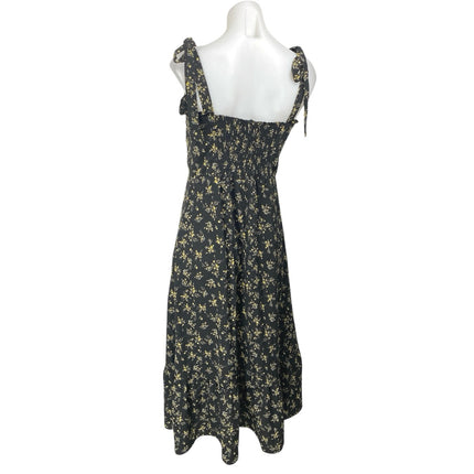 O.P.T Black Yellow Floral Sleeveless Tie Strap Cami Tank Midi A Line Dress Sz L