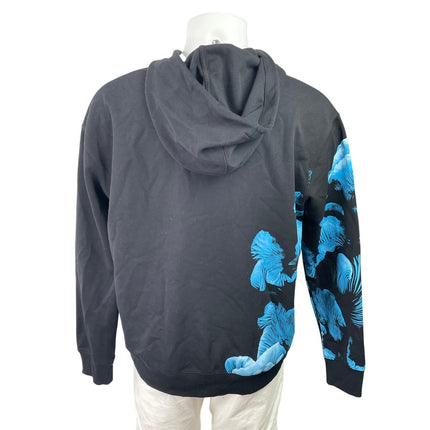 H&M Men's Black Blue Floral Graphic Long Sleeve Hoodie Hooded Sweatshirt Size L