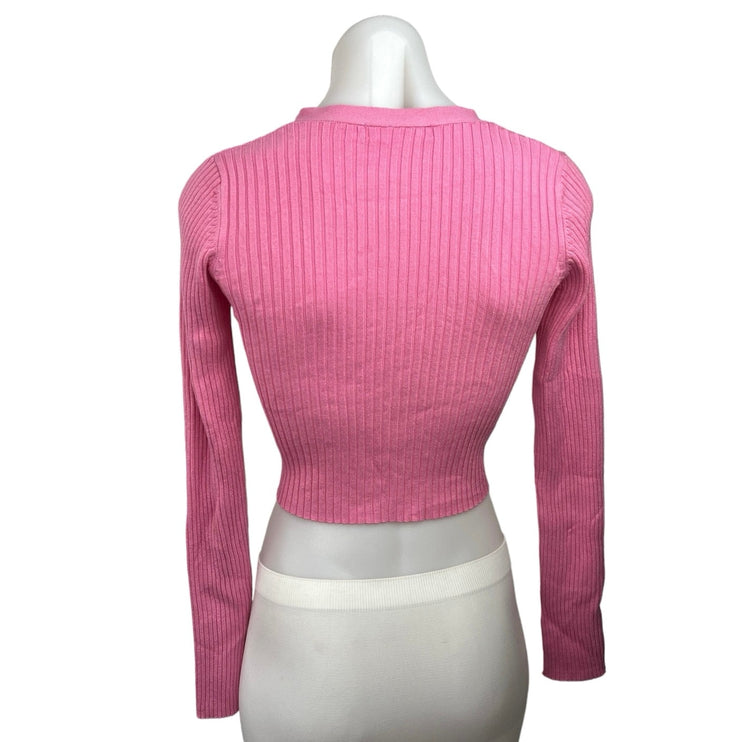 Pull&Bear Updated Garments Pink V Neck Long Sleeve Ribbed Neck Crop Top Size S