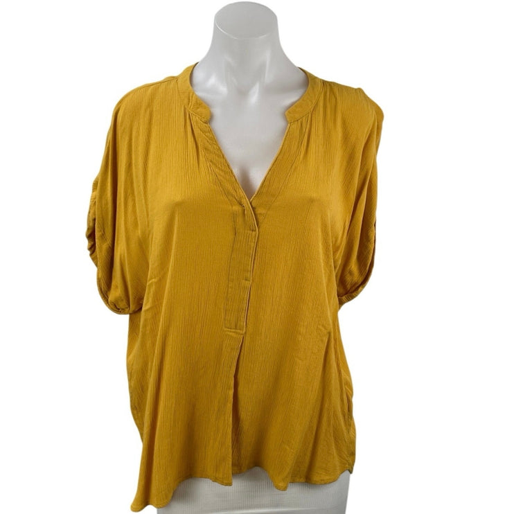 H&M Women's Mustard Yellow Short Sleeve V Neck Henley Blouse Shirt Top Size 10