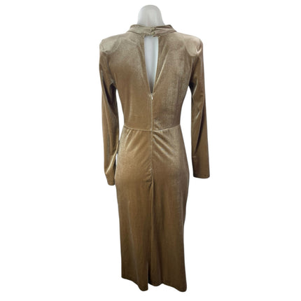 Fervente Gold Velvet Velour Long sleeve Mock Neck Ruched Midi Sheath Dress Sz 8