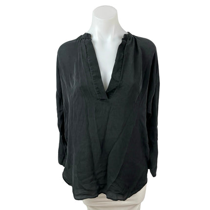 Vince 100% Silk Women's Black Ruched Deep V Neck Long Sleeve Tunic Blouse Top XS