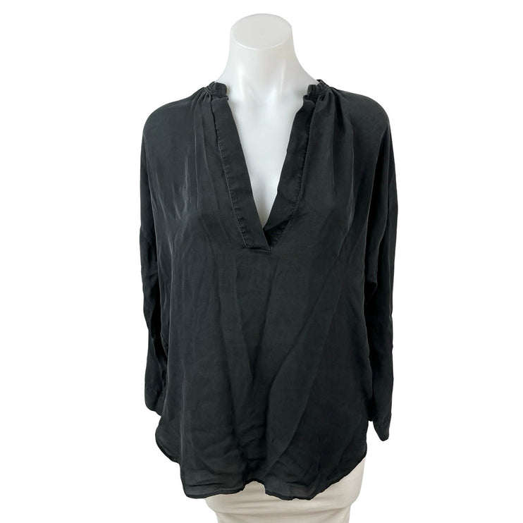 Vince 100% Silk Women's Black Ruched Deep V Neck Long Sleeve Tunic Blouse Top XS