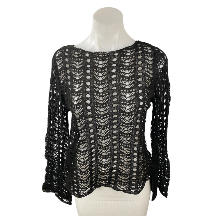Daisy Street Women's Black Open Knit Crochet Long Sleeve Sweater Blouse Top Sz M