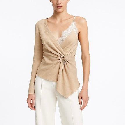 NEW Zara Beige Tan Asymmetrical Cami V Neck Lace One Shoulder Blouse Top Size S