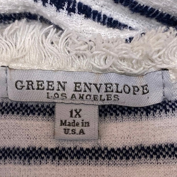 Green Envelope White Blue Striped Knit Short Sleeve Fringe T-Shirt Top Size 1X