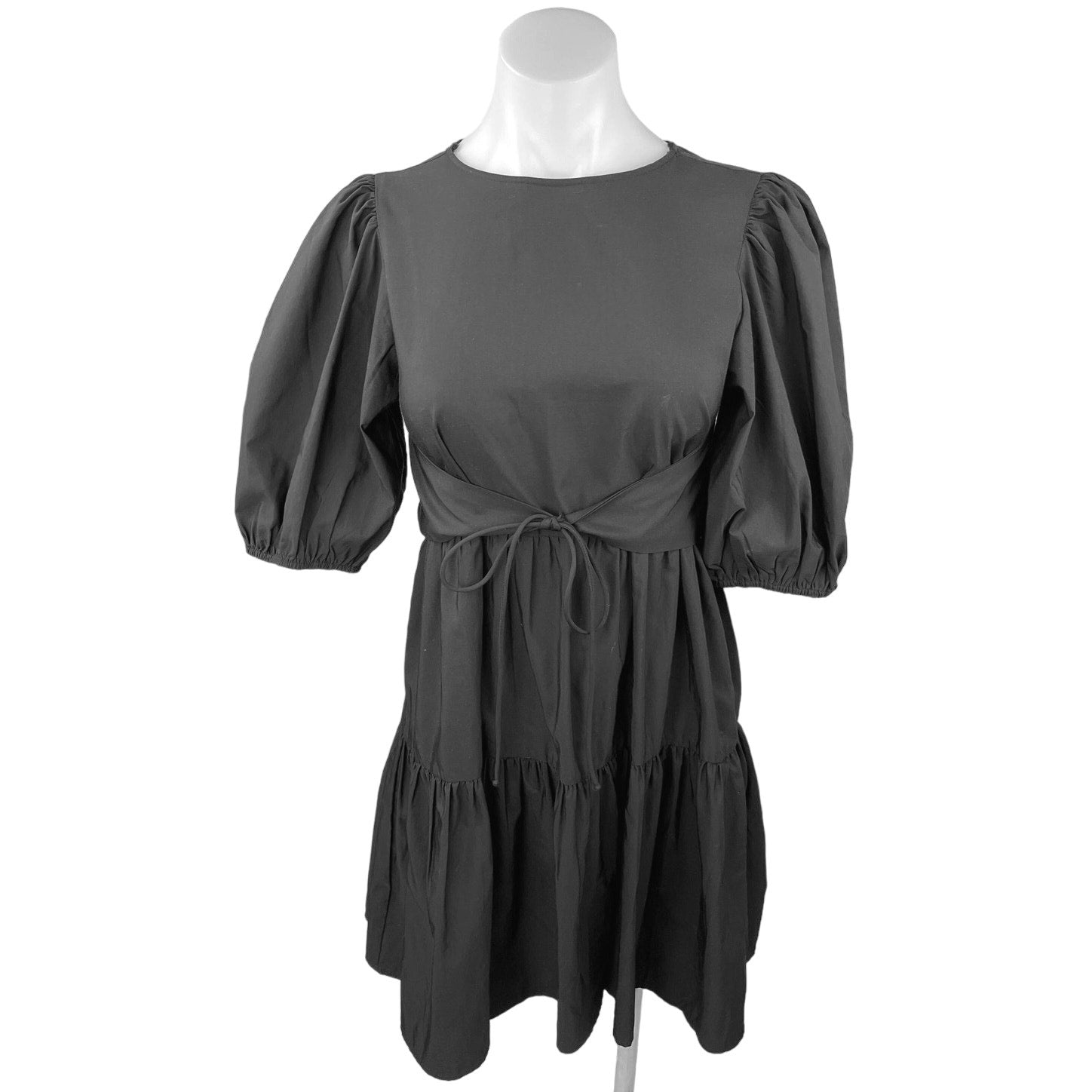 Zara Black Puff Sleeve Tiered Mini Poplin Open Back Tie Waist A-Line D Brie Zara Black Puff Sleeve Tiered Mini Poplin Open Back Tie Waist A-Line D Brie