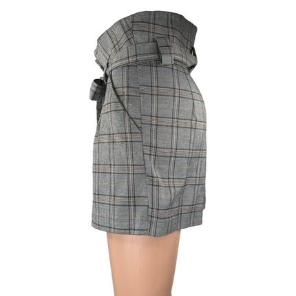 Re:named Gray Plaid Checkered Belted Tie Pleated Mini Casual Paperbag Shorts S