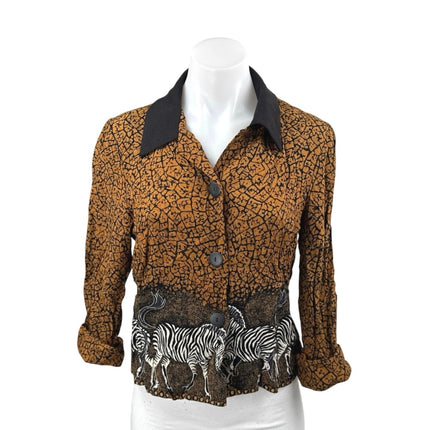 Vintage Karin Stevens Tan Zebra Graphic Print Long Sleeve Button Down Shirt 6