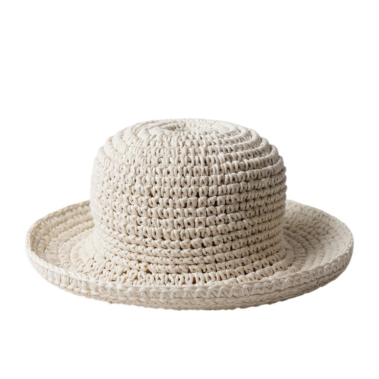Summerful Golden Coast White Knitted Crochet Minimalist Straw Bucket Cap Hat OS
