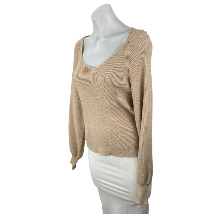 Philosophy Women's Beige Ribbed V Neck Balloon Sleeve Sweatshirt Sweater Top M